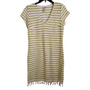 Dolan Anthropologie green white striped short dress with pompom fringe Small
